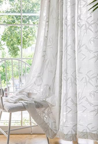 Lactraum Vorhang Wohnzimmer Schlafzimmer Esszimmer Leichte Gardine mit 3D-Bambusmuster Weiß mit Kräuselband (300 x 245 cm (BxH))