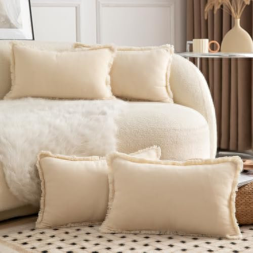 Mandioo 4er Set Neutralen Baumwolle Kissenbezug 30x50cm Herbst Quasten Dekorative Kissenbezüge Boho Sofakissen Dekokissen Kissenhülle für Couch Sofa Schlafzimmer Wohnzimmer Beige
