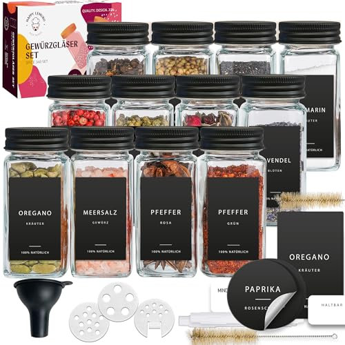 Happy Lemuro Gewürzgläser Eckig [12 x 120ml] mit 279 Etiketten auf Deutsch | Matte Deckel in Schwarz | Gewürzbehälter mit Metalldeckeln & Streueinsatz. Gewürzgläser Eckig, 12er Set
