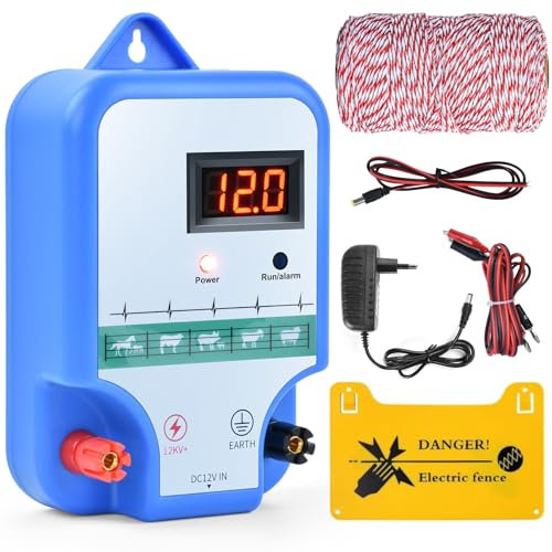 Weidezaungerät mit Weidezaun Seil 200 m,230V Elektrischer Weidezaun 2Joule Output,12kV 15KM Elektrozaun für hunde hühner pferde Ochse Schaf Schwein Geflügel,Vieh,Steuergerät zum Schutz von Gärten