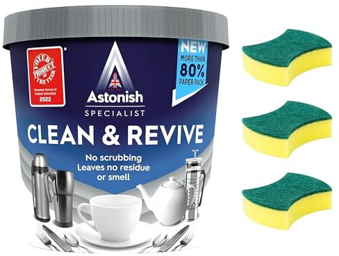 Stain Remover Bundle - Includes Astonish Clean and Revive 350g and 3 pcs Amara Scrub Sponges for Washing Up - Powerful Tea Stain Remover for Cups, Teapots, and Kitchenware