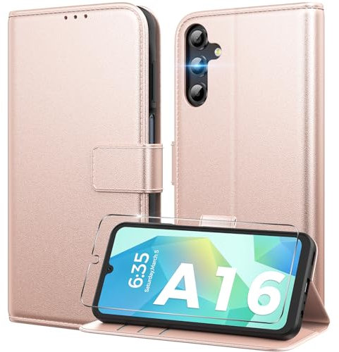 Peakally Handyhülle für Samsung Galaxy A16 5G Hülle [Mit 1 Stück Panzer Schutz Glas] [Premium PU Leder] [RFID-Blockierung] [Kartenfach] Klapphülle mit Galaxy A16 5G / A16 4G - Rosa