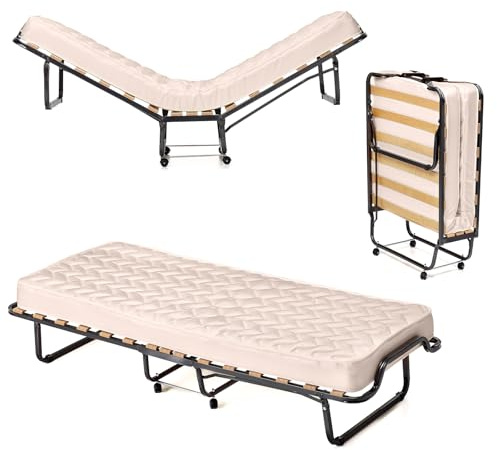 LIFEZEAL Klappbett mit Matratze, Klappbares Metallbett auf Rollen, Gästebett Einzelbett mit Doppel-hypoallergene Faserfüllung & Memory-Schaum, Made in Italy (200 x 80 cm)