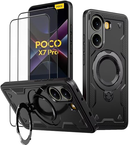 KANSi Hülle für Xiaomi Poco X7 Pro/Poco X7 Pro 5G mit Schutzglas*2, Militär Handyhülle Ständer Stoßfest Gehäuse mit Metallring Ringhalterung - Panzerhülle Schwarz