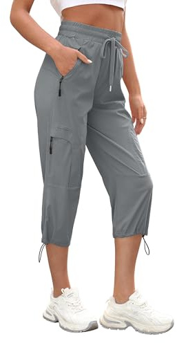 StylSense Caprihose Damen Sommer Casual 3/4 Hose Atmungsaktiv Outdoor Jogginghose Wanderhose Stretch Leichte Sommerhose mit Taschen（Grau,XL