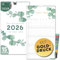 Familienkalender 2026 5 Spalten EUKALYPTUS Gold Familienplaner 2026 mit STICKER Urlaub Recycling Ferien Wandplaner 2026 Wandkalender 23 x 43cm inkl. Okt-Dez 2025, Pflanzkalender, Eukalyptus Deko Gold