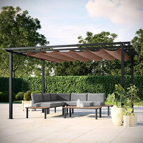 Tonnelle Pergola Aluminium 4x3 m Anthracite - Toile en Polyester Coulissante Rétractable Taupe - Pergola Jardin Exterieur - Résistante aux UV – Havana