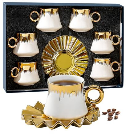 YIK TUNG Teeservice aus Porzellan, Kaffeetassen/Teetassen mit Untertassen, 6-teiliges Set Geschenk-Box
