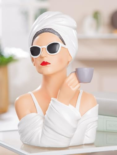MF Lady Belle Dekofigur, Elegante Frauenbüste mit Tasse und Sonnenbrille, 28 cm, Weiß