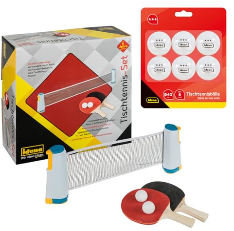 Idena 90958 - Tischtennis Set mit Netz, Zwei Kellen und Zwei Bällen, inkl. 6 Tischtennisbällen in 3 Stern Qualität, Weiß, Durchmesser 40 mm, zur einfachen Montage an Tischplatten