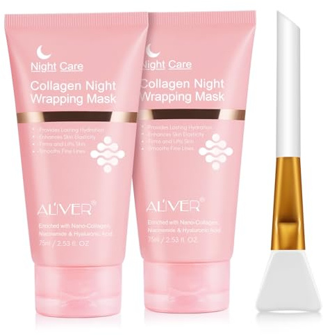 P-Beauty - 2x Collagen Gesichtsmaske über Nacht - Nachtmaske mit Pinsel 75ml - Night Wrapping Mask mit Lifting-Effekt & Faltenreduktion, Peel Off Kollagenmaske mit Hyaluronsäure Niacinamid & Ceramiden