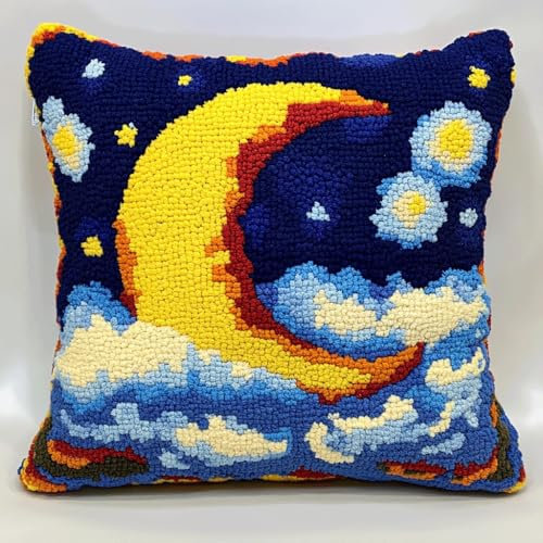 Kit de Almohadones con Cierre de Gancho Kit de Cojines para Bordar 43X43cm Funda de Cojín para Sofá,Funda de Almohada Kit de Bordadas Kits(Luna y nubes)