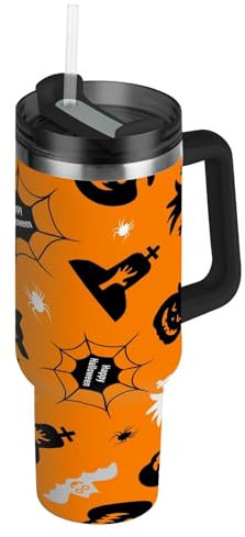 Cgiub Happy Halloween - Vaso de 1200 ml con asa y pajilla, vaso de acero inoxidable aislado al vacío, sin BPA, a prueba de fugas, taza de café de viaje, apto para portavasos de coche