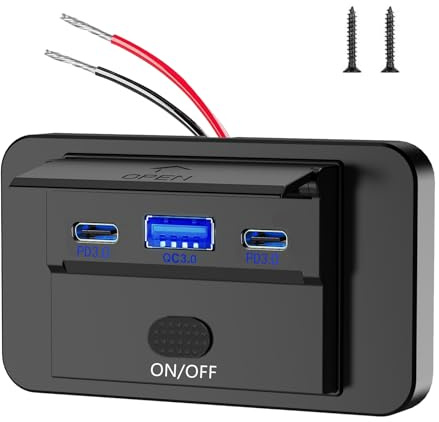 Presa USB 12V, Presa USB Camper, Montaggio a Superficie Doppia Porta PD 3.0 36W e QC 3.0 18W, Ricarica Rapida per Auto, Moto, Barca con Interruttore Antiscivolo Copertura Impermeabile, Accendisigari