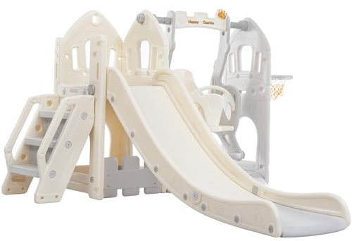 Kinberry Rutsche Indoor, 5-in-1 Kinderrutsche mit Schaukel, Klettern, Stauraum, Basketballrahmen, Klettergerüst Indoor ab 1 Jahr, Spielplatz für Kleinkinder