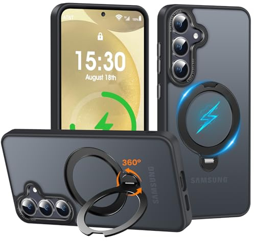 PuyaTeya für Samsung S24 Plus Hülle mit 360° Magnet ständer, Matt Schwarz | Militärischer Schutz, Anti-Rutsch/Kratzfeste, unterstützt Quer-und Hochformat HandyHülle Für Samsung Galaxy S24 Plus