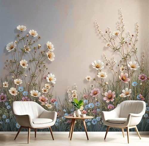 Fototapete Natürliche Schönheit 450x315cm Seide Tapeten XXL Moderne Wildblumen Alten Mauer Wandtapete Hochwertige Wandbild Wanddeko mit feiner Struktur für Schlafzimmer Wohnzimmer Flur, Salbeigrün