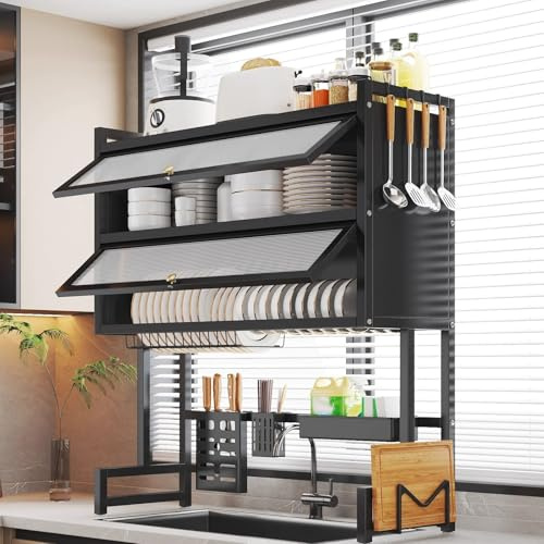 DSEWTEZXI Doble capa fregadero escurridor de platos, Gran capacidad cocina escurreplatos, cocina encimera platos organizador, cubiertos escurreplatos para fregadero sobre.(85cm)