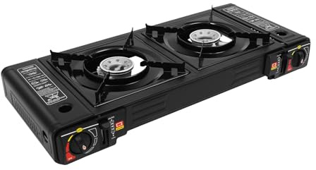 Réchaud de camping à double brûleur avec plaque de cuisson et boîte de transport, réchaud à gaz portable pour extérieur, camping, pique-nique et jardin, avec valve de sécurité et allumage à une main