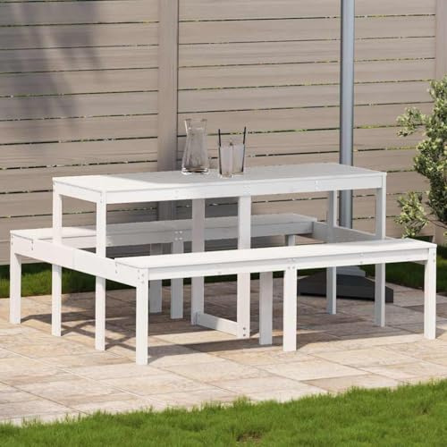 sephironlbb Table de Pique-Nique en Bois Massif Blanc 160x134x75 cm pour Jardin terrasse extérieur Balcon Patio Repas Convivial avec Plateau rallonge Extensible et Rangement