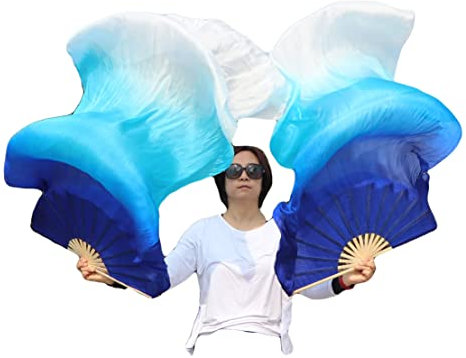 Winged Sirenny Bauchtanzschleier aus Seide, verstellbare Paare, 180 cm, Anbetungsflaggen, Luftschlangen (blau-türkis-weiß)