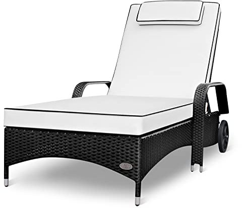 RS Trade Sonnenliege Imola Schwarz - Outdoor Liege mit beständigem Poly-Rattan-Geflecht - verstellbare Rückenlehne & breite Liegefläche - inkl. Kopfteil und Auflage
