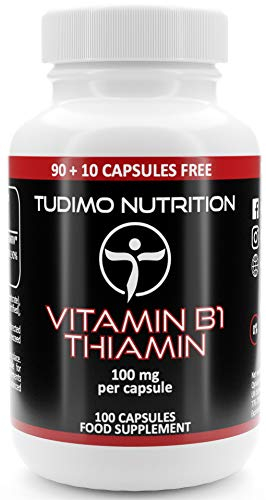 Vitamine B1 Thiamine 100 mg - 100 Capsules (3+ mois) à Désintégration Rapide, Chacune avec 100mg Vit B1 Thiamine Mononitrate en Poudre (Vitamin B1 Supplement)