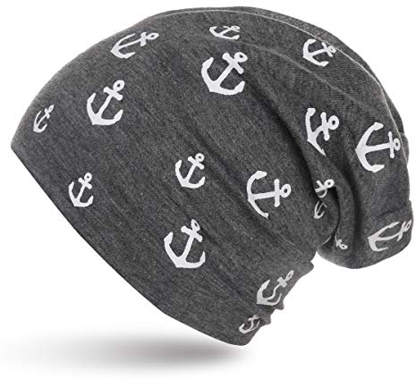 Sonia Originelli Beanie Mini Anker Mütze Maritim Overall Print Farbe Dunkelgrau