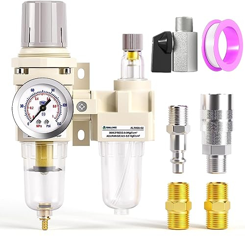 Tailonz Pneumatic 1/4 Zoll NPT Luftfilter Druckminderer Wasser/Öl Trap Separator Combo (0–145 psi), Druckluftwerkzeug-Kompressorfilter mit Manometer AC2010–02 (manuelle Entwässerung)