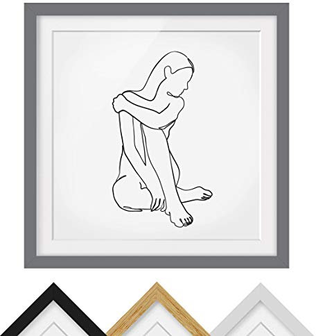 Bild mit Rahmen Kunstdruck - Line Art Frau Akt Schwarz Weiß Farbe Grau 30 x 30cm