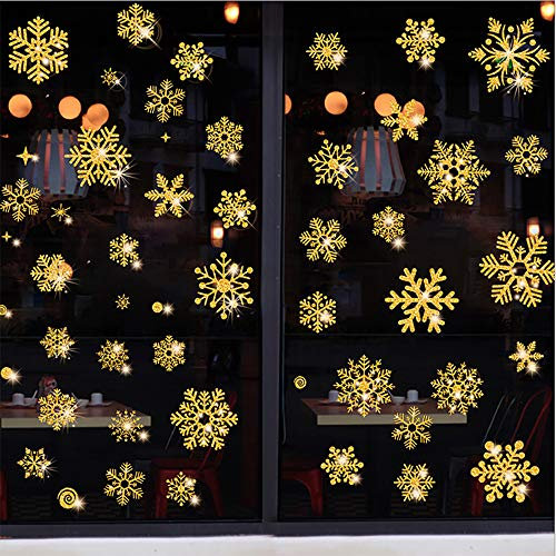 Vicor Goldene Schneeflocken Weihnachts-Fensteraufkleber, 4 Blatt, wiederverwendbar, für Fenster, Türen, Spiegel und Autos