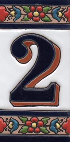 Hausnummern Keramik Zahlen & Buchstaben Fliesen Rot Blau & Grün Blumenmuster Fliesengröße: 11 cm x 5,5 cm (Nummer 2)