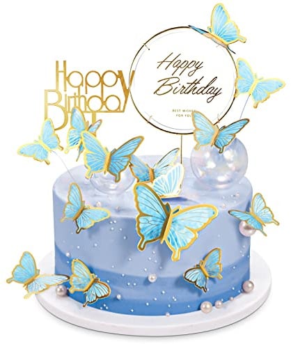 LANGPA 22-Pieces Butterfly Cake Decorations With Happy Birthday Acrylic Cake Toppers for Baby Shower Wedding Birthday Party Decor (Blue)