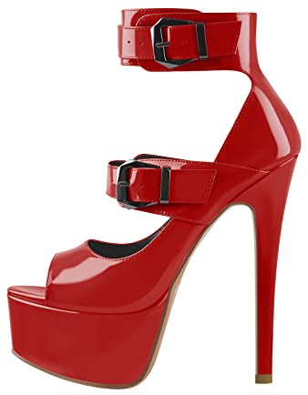 Only maker Frauen Offene Zehen Plateau Pumps mit Absatz Knöchelschnallen Sexy Tanzenschuhe Abendschuhe Lack Rot EU 45
