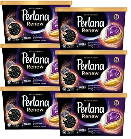 6x Perlana Renew Neri All in 1 Caps Detersivo in Capsule per Lavatrice per Capi Scuri - 6 Confezioni da 18 Capsule