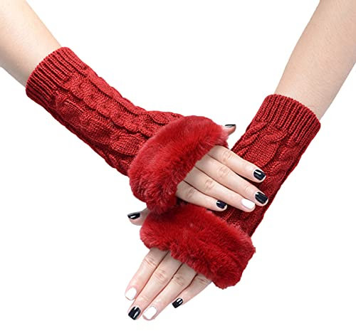 SUNTRADE Fingerlose Damen-Handschuhe, Armstulpen mit Kunstfell, Winter fingerlose Handgelenkwärmer, Weinrot, Medium
