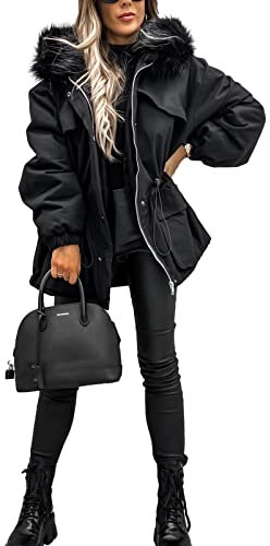amropi Giacca Invernale da Donna Parka Antivento con Fodera in Pile e Cappuccio in Pelliccia Nero,L