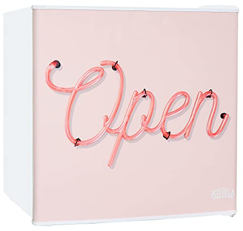 Kuhla 45L Mini Fridge with Ice Box, Stylish Design, Inc Adjustable Thermostat, Door Racks and Removable Shelf, Small Drinks Fridge Ideal for Home and Office – Open Sign Pink, White KTTF4GB-1025-E