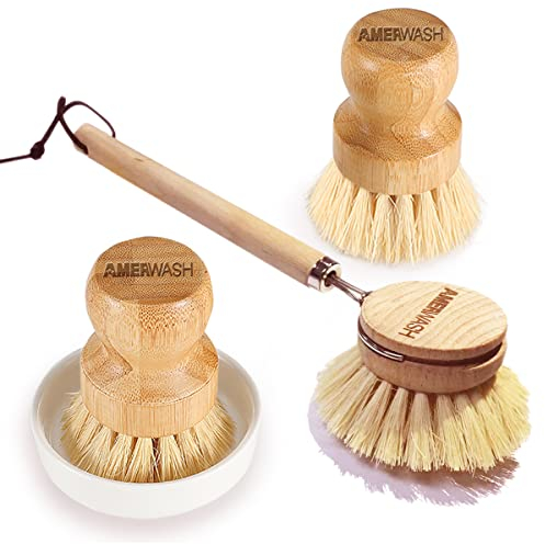 Wooden Dish Brush Set Clean Pots, Pans and Vegetable, Natural Bristles Bamboo Scrub Brushes with Ceramic Dish - 1 Long Handle Dish Brush + 2 Palm Scrubbing Brush