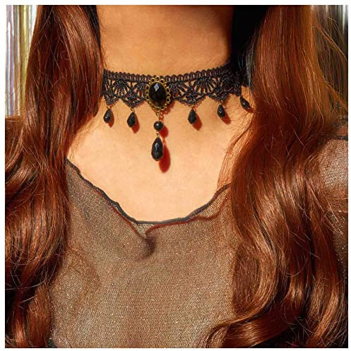 Dervivea Gothic Spitze Choker Halskette Schwarze Spitze Edelstein Halskette Vintage Schwarz Kristall Anhänger Halskette Halloween Party Custume Halskette Schmuck Für Frauen Und Mädchen(A)