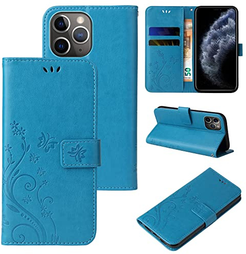 LBH Handy Hülle für Apple iPhone 11 Pro Max Case Handytasche Schmetterling Blumen Flower Standfunktion Schutzhülle Magnet Rundum Schutz 360 Grad Flipcase Cover Blau