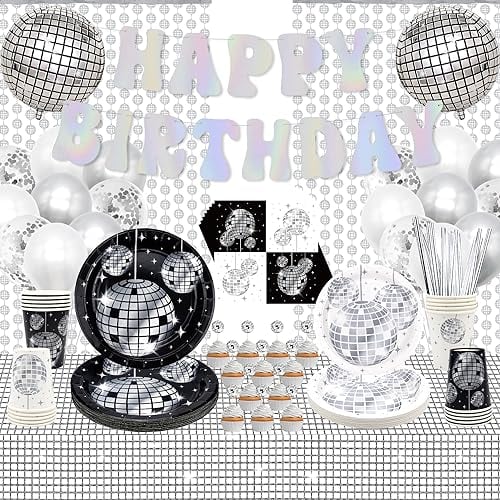 Disco Anniversaire Vaisselle, Comprend Bannières, Assiettes, Décorations Cupcakes, Serviettes, Chemin de Table Disco, Rideau , 70 's 80' s Disco Argent Disco Anniversaire Party Decor 20 Invités