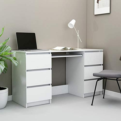 Homgoday Schreibtisch mit 6 Schubladen Bürotisch Computertisch Schülerschreibtisch Büroschreibtisch Arbeitstisch Kinderschreibtisch Weiß 140x50x77 cm Holzwerkstoff