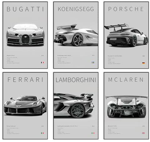 SHUNXI Lot de 6 affiches sur toile de voiture - Impression d'art mural - Supercar - 20,3 x 30,5 cm - Sans cadre