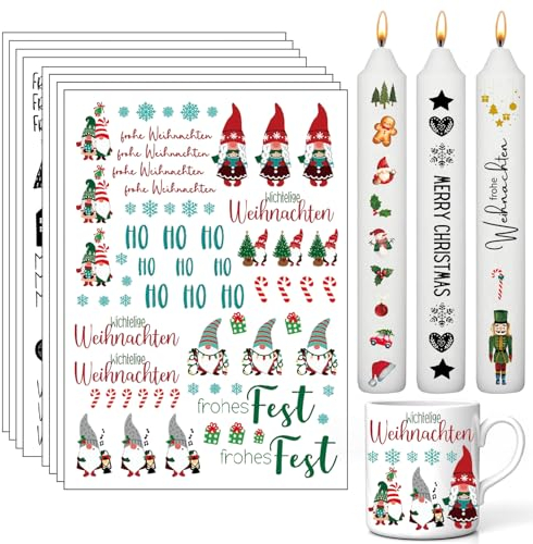 LYNBLY 8 Stück Kerzentatoo Weihnachten, Kerzenfolie Weihnachten, Weihnachten Kerzen Sticker, Kerzen Wasserschiebefolie, DIY Kerzensticker für Stabkerzen Kleine Kerzen Tasse Keramik