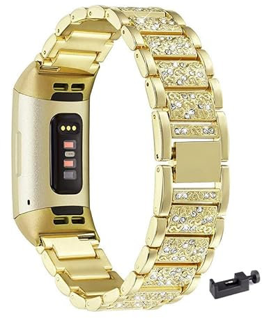 LXURY Bling Metall Armbänder kompatibel mit Fitbit Charge 5/ Charge 6 Armband, Funkelnd Diamant Metall Ersatz Armband (Gold)