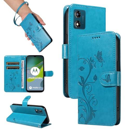 SRISHP Hülle für Motorola Moto E13 Handyhülle, Blau | Premium PU Leder, Handyhülle Mit Band, Magnet Flip Case, Kartenfächer, Ständer Klappbar Tasche, Standfunktion Schutzhülle