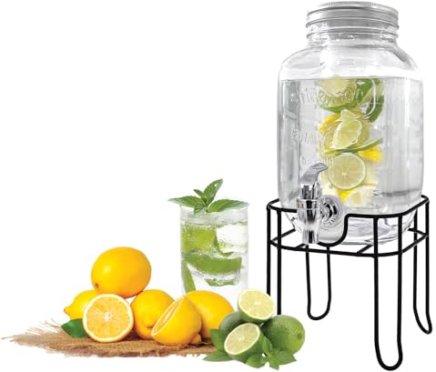 JS Gourmet 4L Glas Getränkespender mit eingebautem Diffusor, Metallbodenständer, Zapfhahn und auslaufsicherem Edelstahldeckel mit luftdichtem Verschluss, Trinkglas für Wasser, Saft, Likör, Eispunsch,