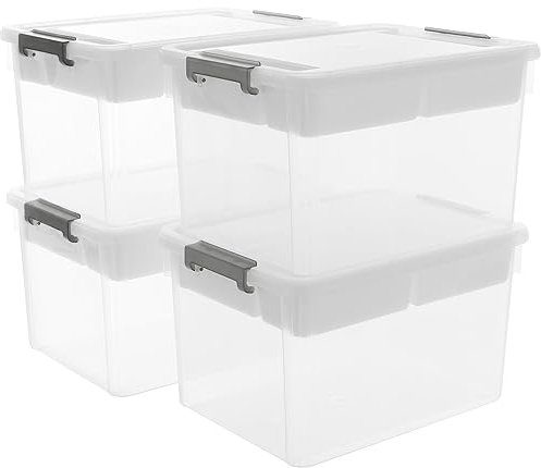 Citylife 4Pack Aufbewahrungsboxen mit Deckel, 30L aus Kunststoff mit abnehmbarem Tablett, Verstärkte Kisten Bastelaufbewahrungs box klein für die Organisation von Werkzeug, Handwerk, Buntstifte