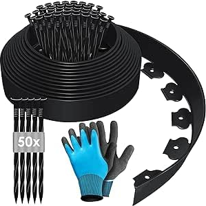 Flexible Rasenkante aus Kunststoff, Länge 20m Höhe 5cm Rasenkante Kunststoff, Rasenkanten Höhe Beeteinfassung Rasenbleche Mähkante Palisade, mit 80 Befestigungsnägel + 1 Paar Handschuhe - Schwarz